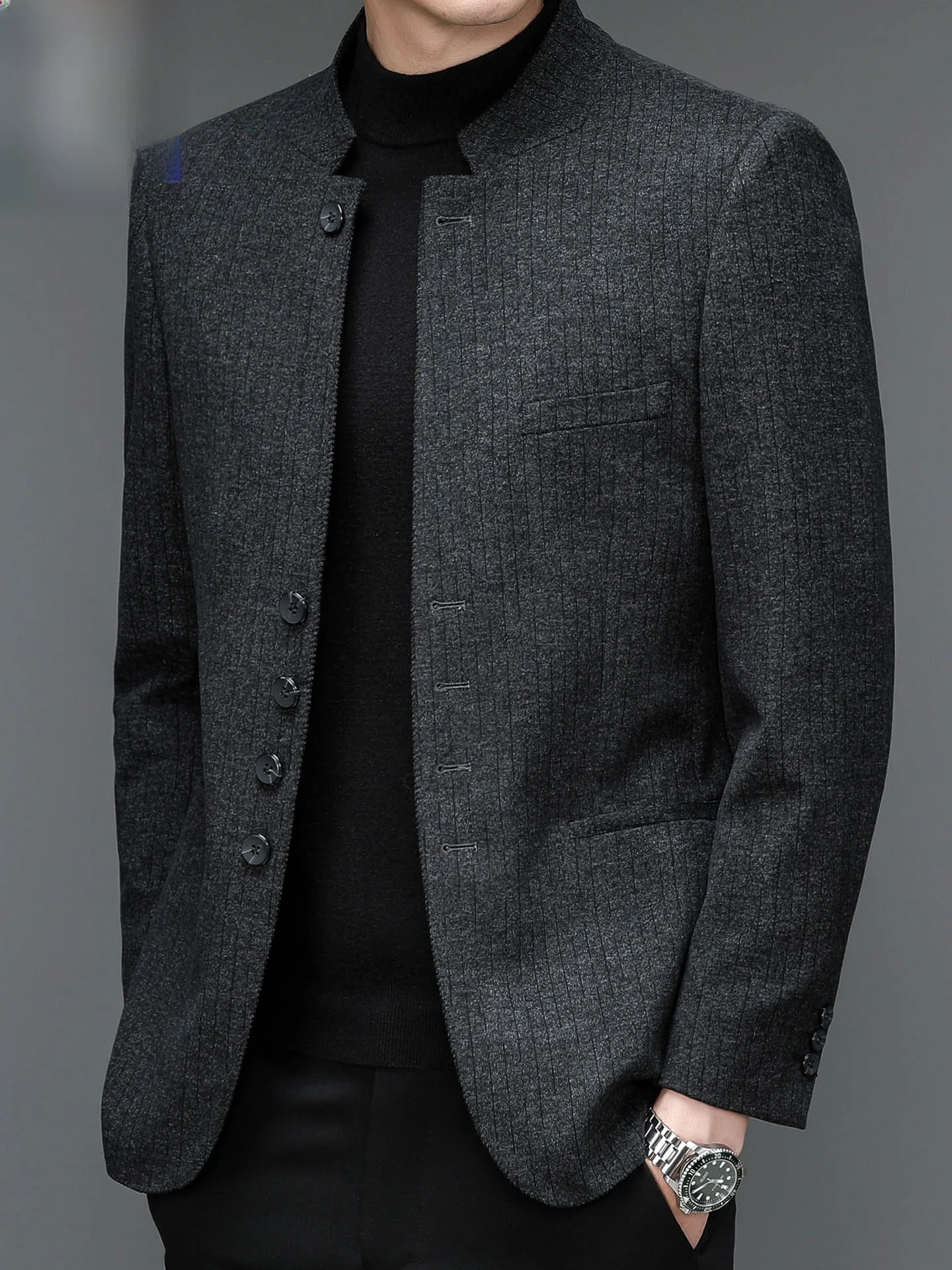 

Современный приталенный пиджак-смокинг с воротником-стойкой для мужчин, новый китайский повседневный однобортный пиджак, модная городская одежда