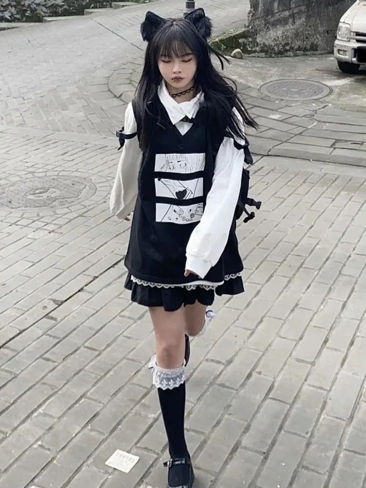 Y2k الجمالية أنيمي المطبوعة سترات النساء خمر التداخل أكمام فضفاضة صدرية القمم Harajuku الجرونج موضة الدبابات