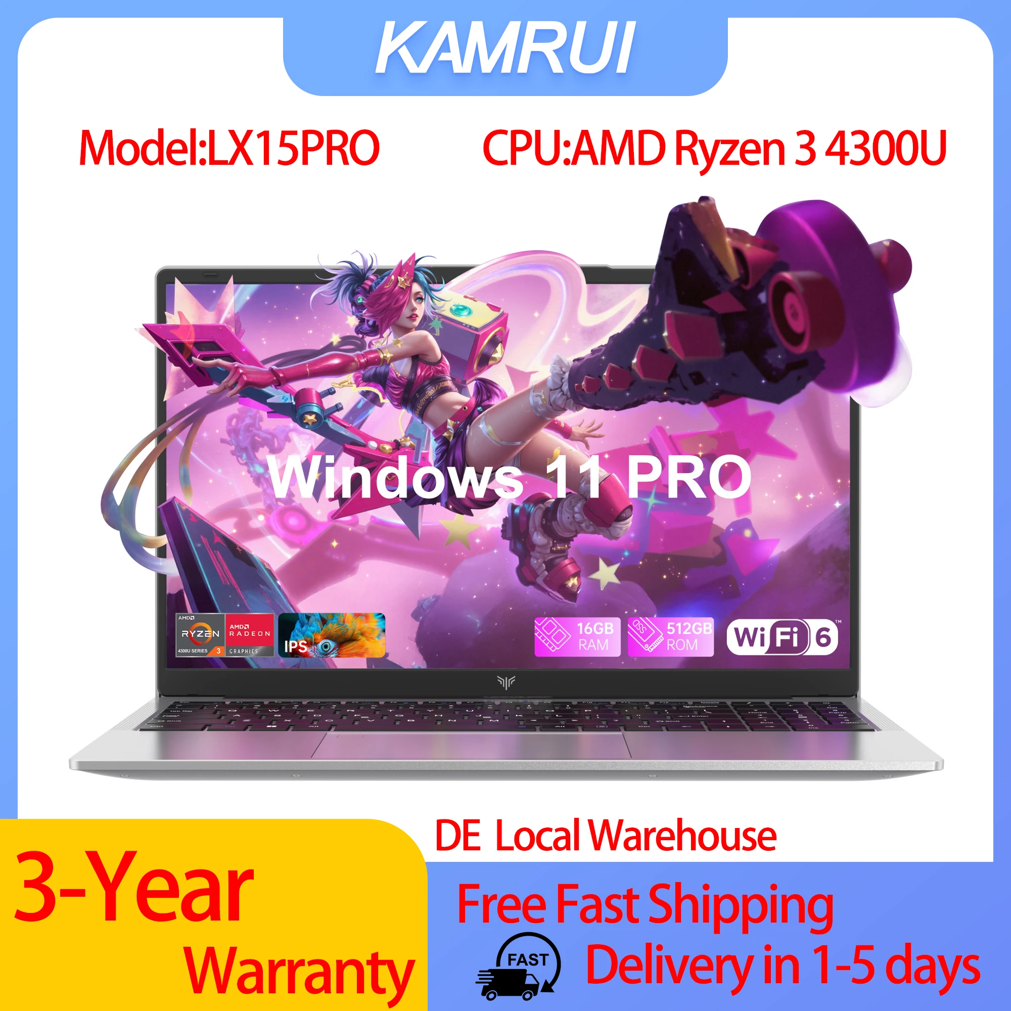 Computadora Portátil KAMRUI de 15.6 Pulgadas, Windows 11 PRO, Batería de 4800 mAh, Procesador AMD Ryzen 3 4300U de Cuatro Núcleos, 16 GB de RAM DDR4, SSD de 512 GB, Wifi5