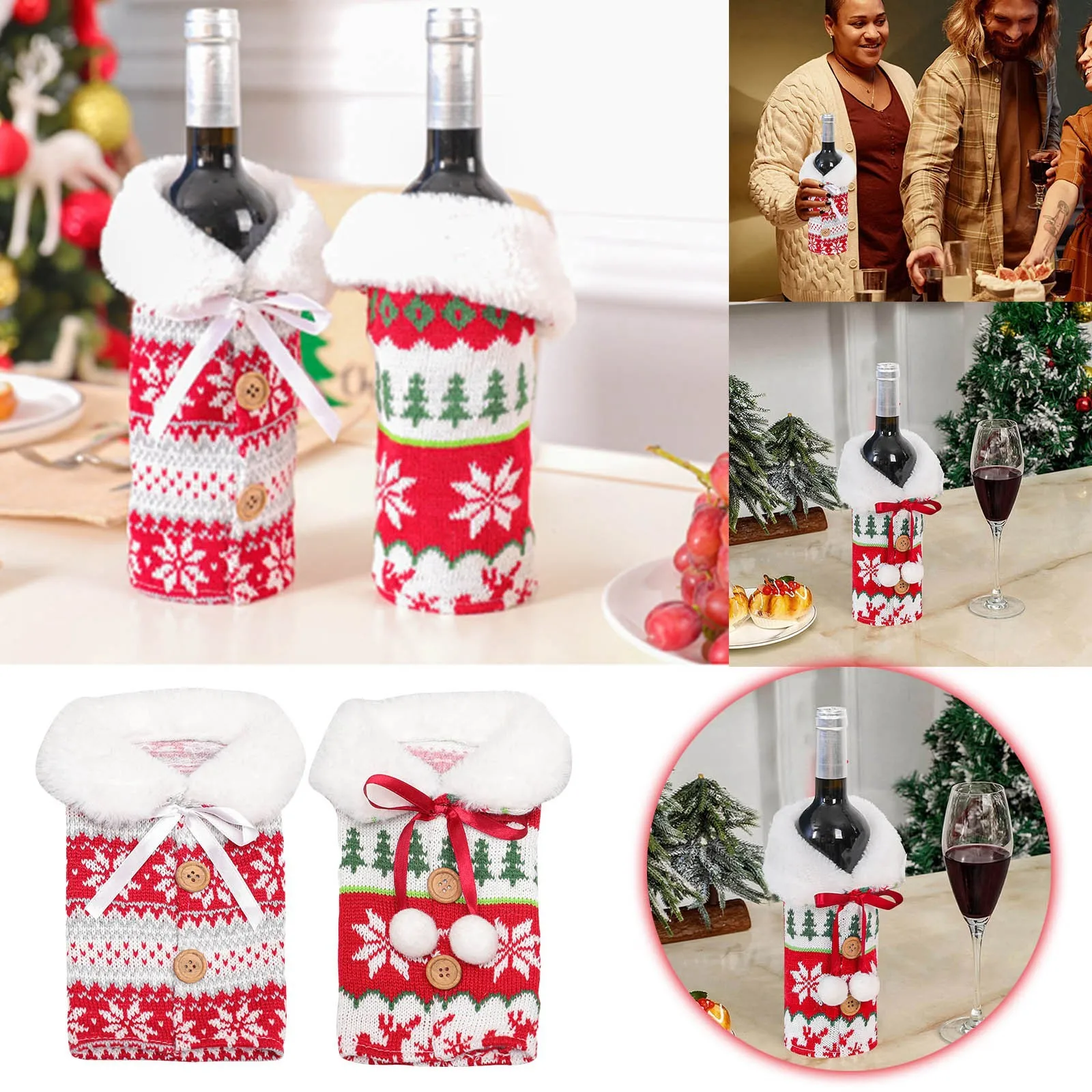 Knitted Snowflake Red Wine Bottle Cover Christmas Decoration Wine Bottle Cover Household Boys Party Favors for Kids 8-12