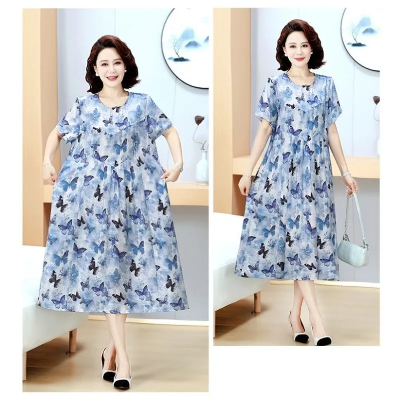 Womens Printed Midi Dress Round Neck Short Sleeve Loose Plus Size Hide Belly Summer Mom Dress