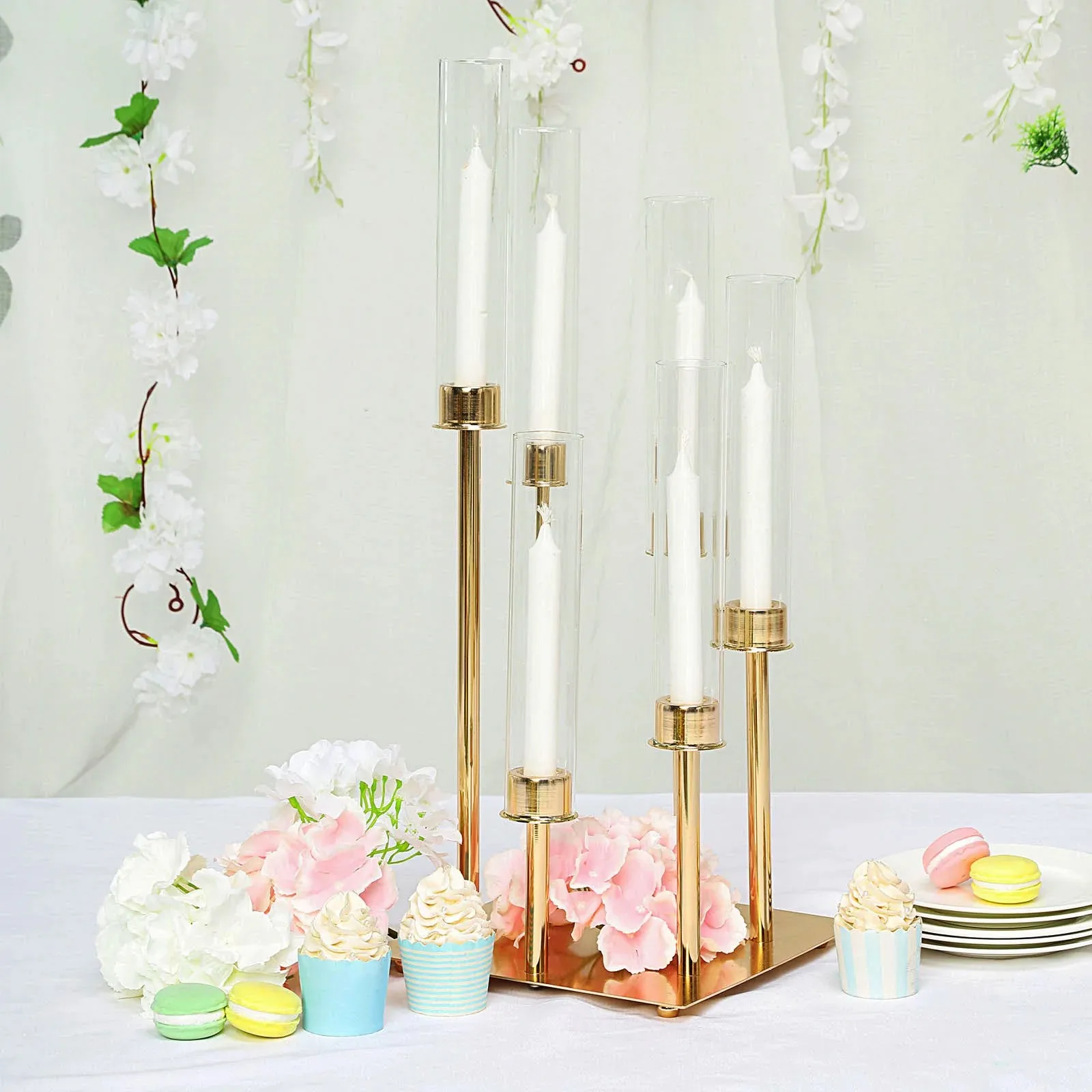 Floor Candelabra 6 Arm Metal Candle Holders Candlestick Centerpiece for Table Candle Holder with Acrylic Lampshade for Valentine