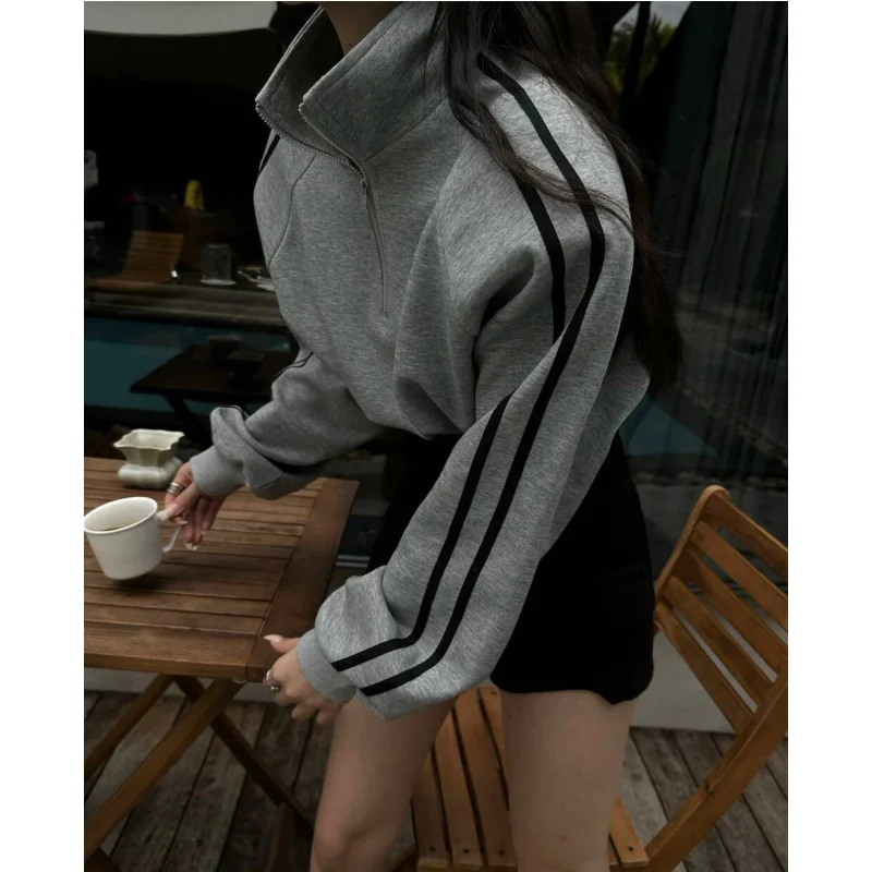 Apricot Women Sweatshirt Coat Solid Stripe Vintage Long Sleeve Short Korean Fashion Casual Y2K Style 2023 NEW Autumn Female Tops