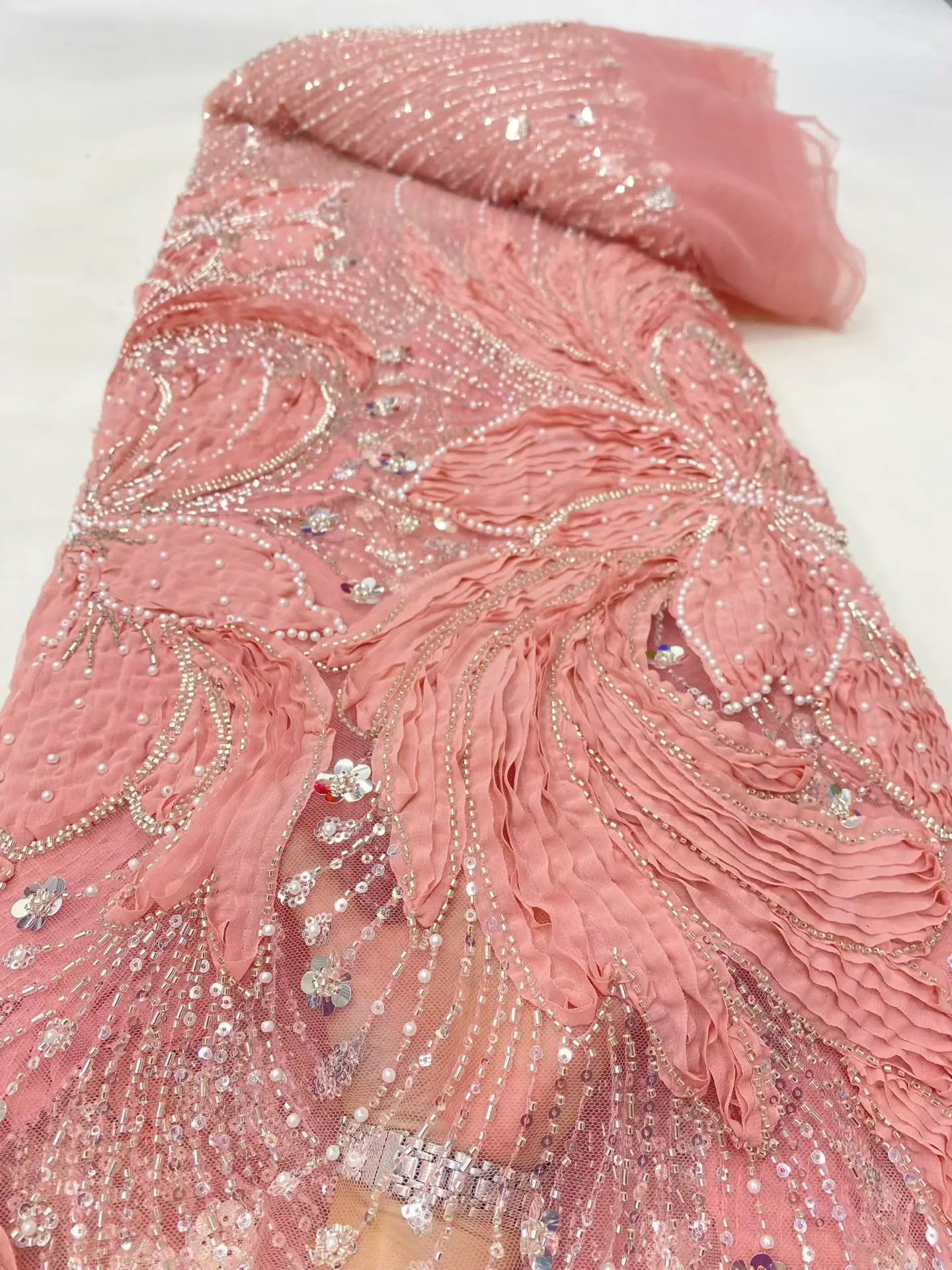 

2025 High-Quality African Nigerian Tulle Lace Fabric Sequins Embroidery French Guipure Wedding Party Dresses Beaded 5 Yards