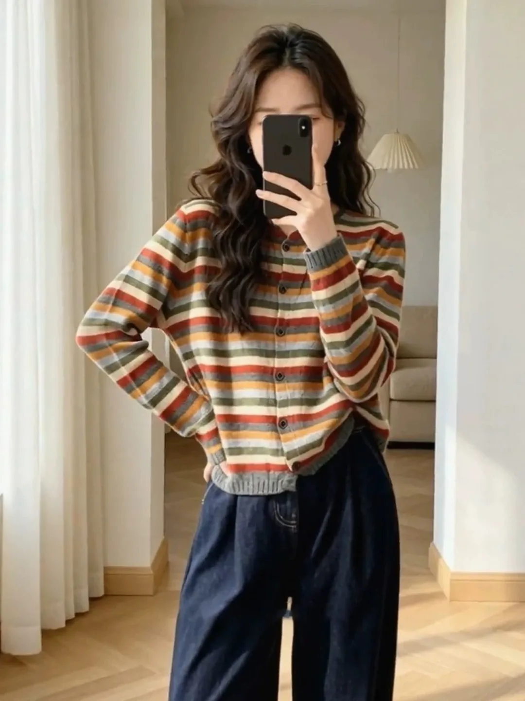 Fashionable Knitted Sweater Jacket Women's Casual round Neck Long Sleeve Color Block Stripe Design All-Match Spring Autumn Ou...