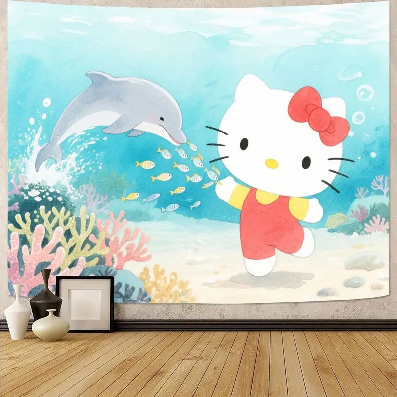 1枚入り キュートなハローキティ水中シーンタペストリー カラフルなサンゴアートウォールデコレーション 子供部屋や猫好きの方に最適