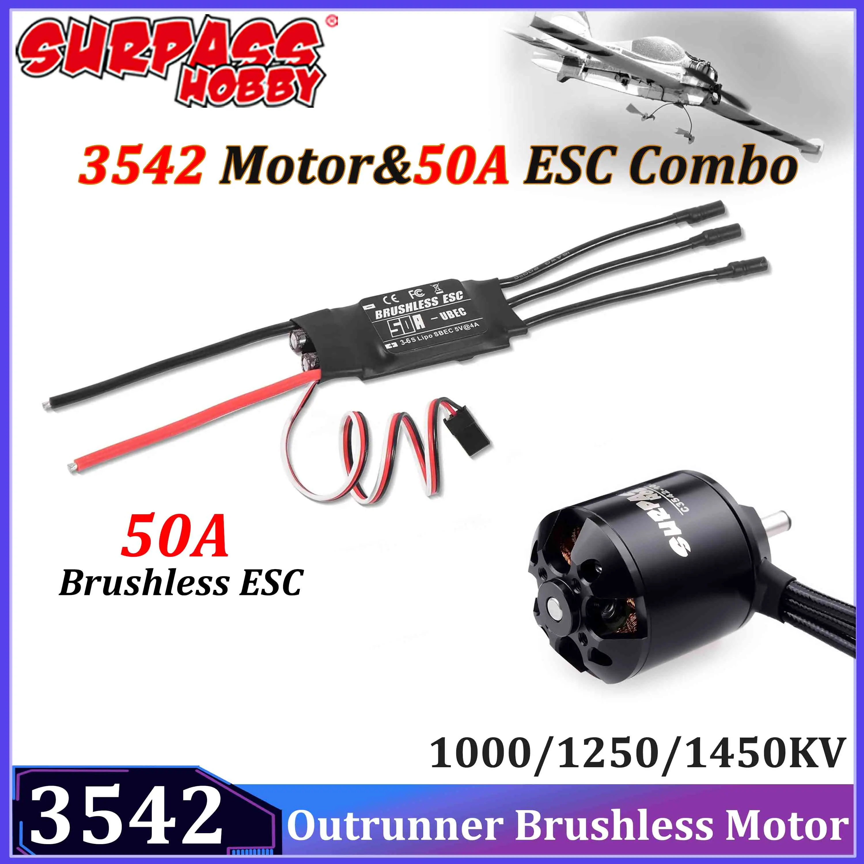 

SURPASS HOBBY 3542 1000/1250/1450KV Outrunner Brushless Motor 50A ESC for RC Fixed-wing Aircraft Airplane FPV Racing Drone Part