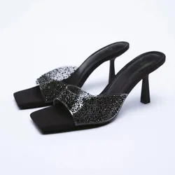 High Heel Slippers Women Summer Black Transparent Heeled Sandals Luxury Rhinestones Sandals Woman Comfort Plus Size Heels