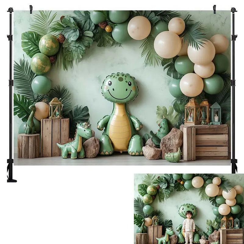 LS Photography Backdrop Cute Cartoon Dinosaur Green Balloon Decoration Baby Shower Newborn Party Background For Photograph