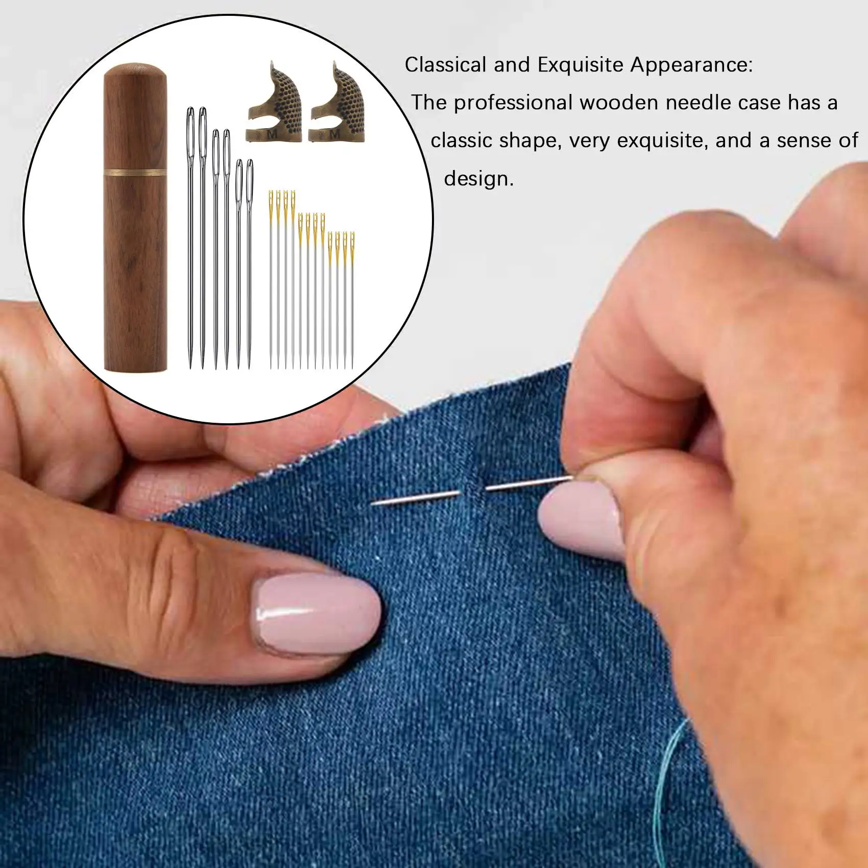 -A90P Wooden Needles Case For Storing Sewing Needles And Embroidery Needles, Needle Kit With Sewing Thimble Finger Protector