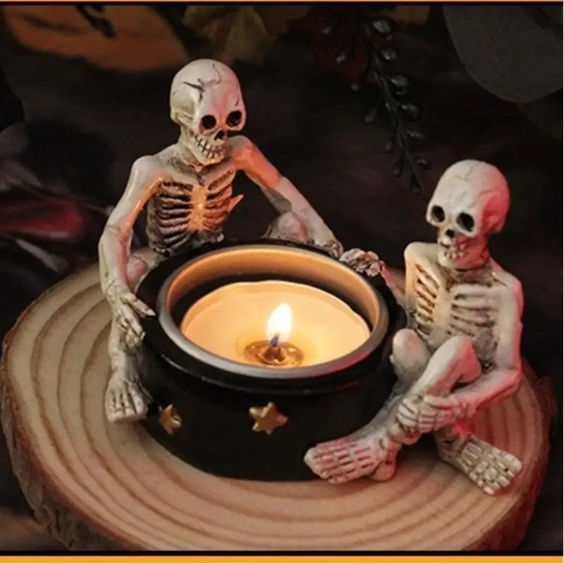 Halloween Retro Skull Candle Holder Tea Light Cup Gothic Desktop Ornament Halloween Party Table Decoration Home Decor Supplies