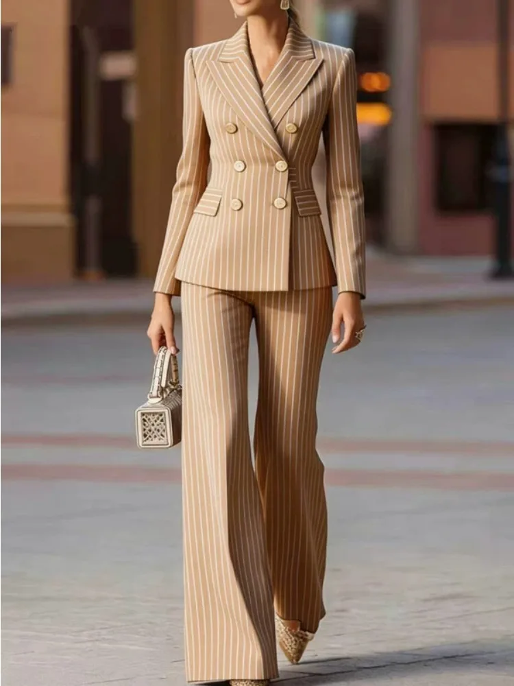 

Модный осенне-зимний женский брючный костюм: полосатый деловой пиджак и брюки, комплект из 2 предметов для офиса