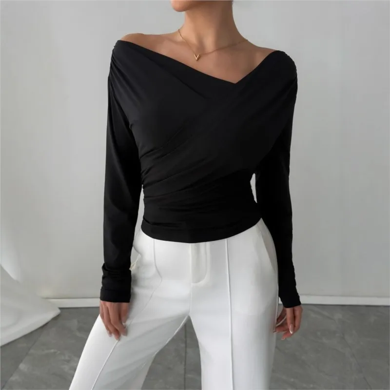 

New Fashionable Off-the-shoulder Collar Slimming Long-sleeved T Shirt Versatile Commuter Top For Autumn And Winter