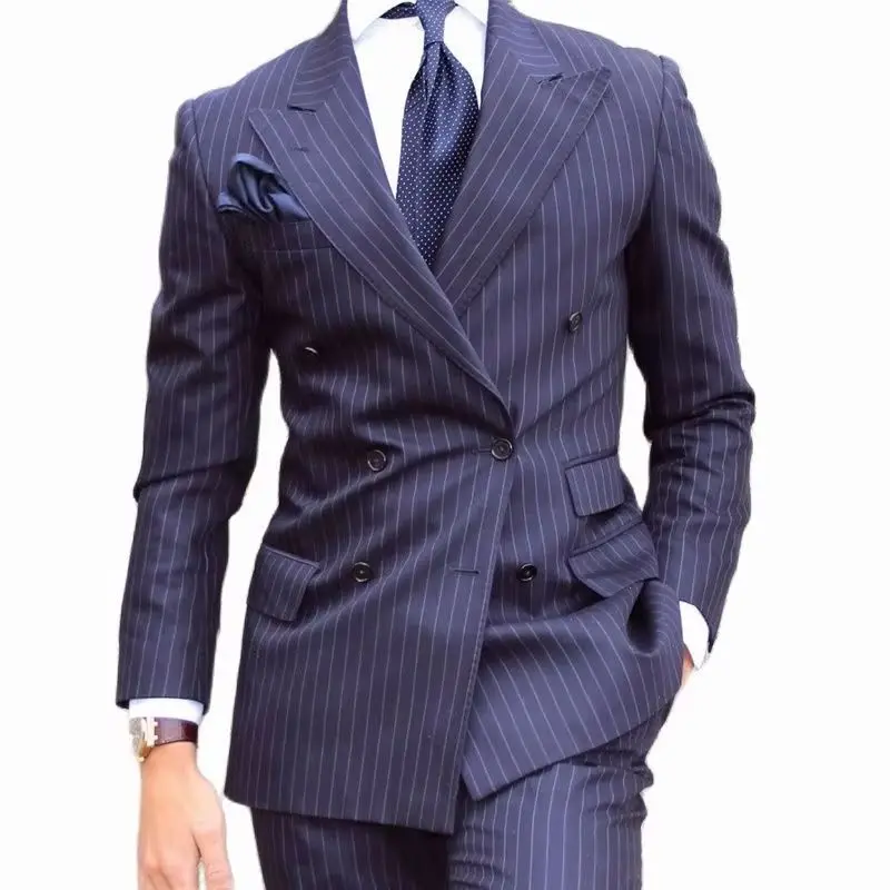 Navy Blue Striped Men Suits Double Breasted Wedding Tuxedos Slim Fit Formal Business Boyfriend Suit Male Set Jacket with Pants