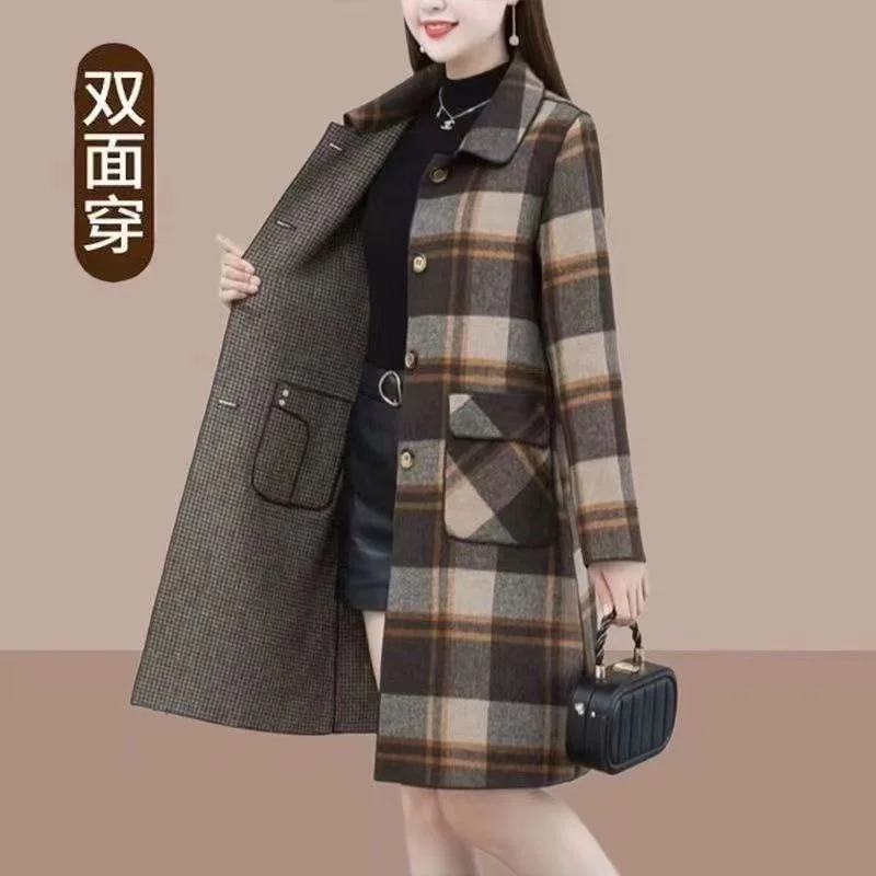 Manteau en laine à carreaux pour femme, velours épais, épais, chaud, mi-long, à capuche, manteau chaud en laine, veste d'hiver pour femme, manteau en fausse fourrure