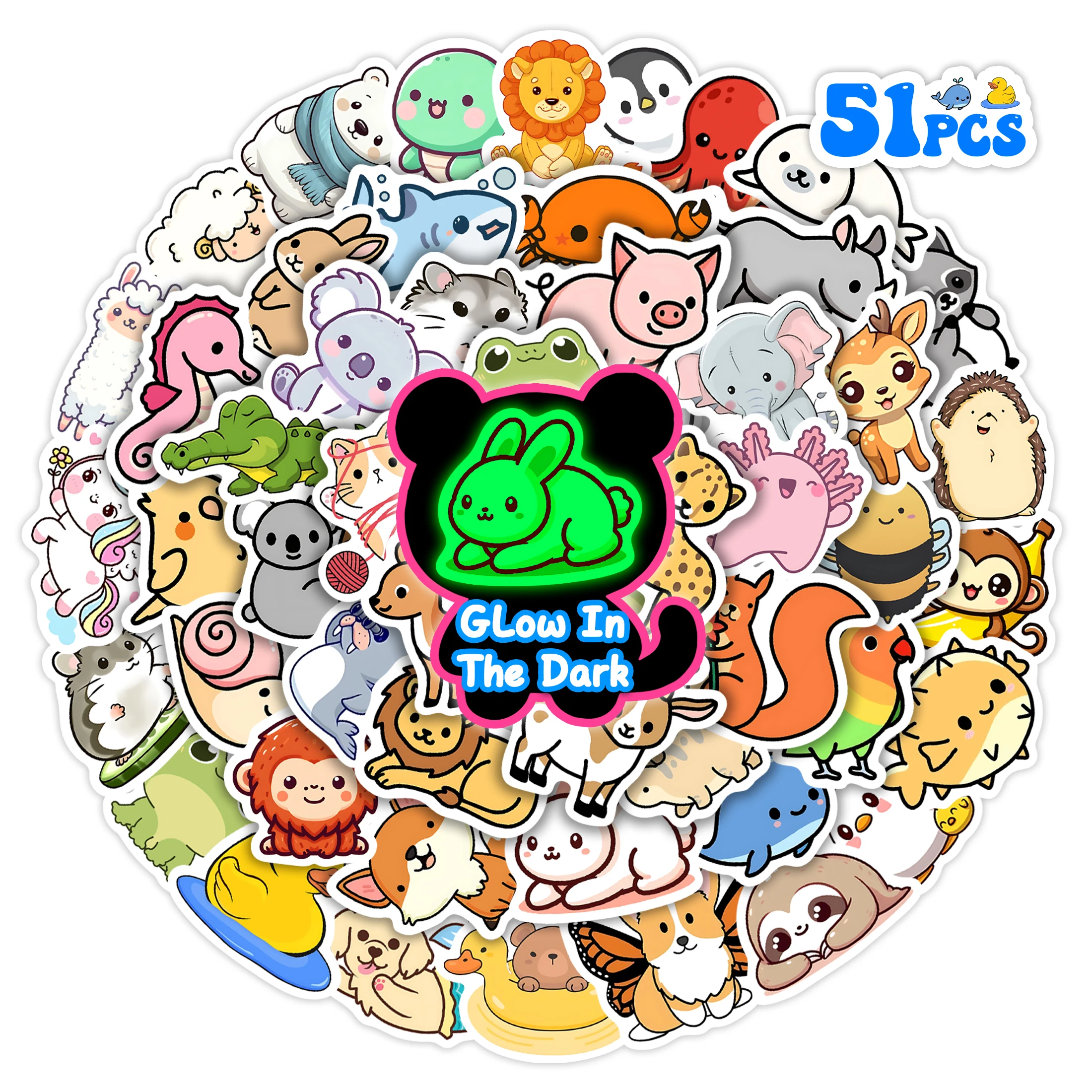 51 قطعة يتوهج في الظلام لطيف الحيوان نمط ملصقات ذاتية اللصق مقاوم للماء فيني الشارات الكمبيوتر سكيت الديكور للأطفال #1