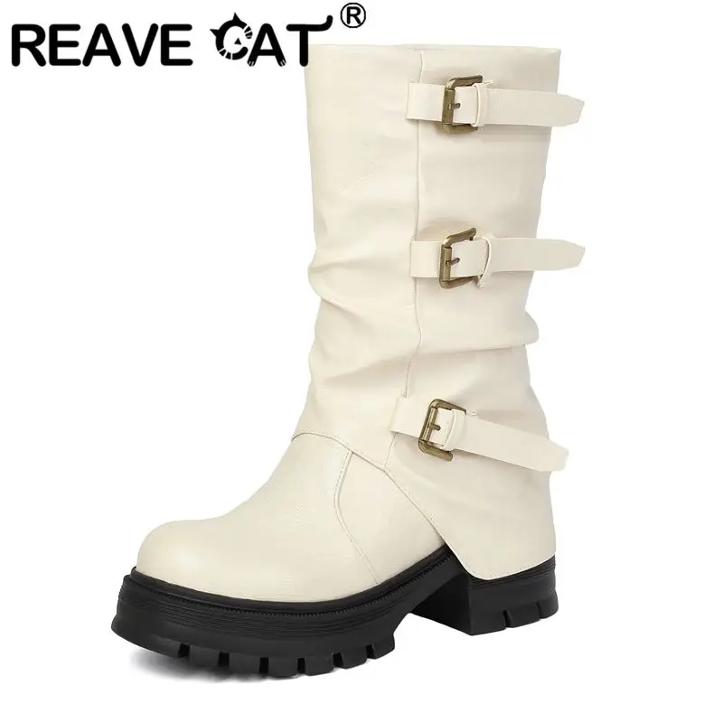 REAVE CAT Brown Women Mid Calf Boots Round Toe 6cm Thick Heel 3cm Platform Slip On Belt Buckles Big Size 42 43 Casual Daily Bota