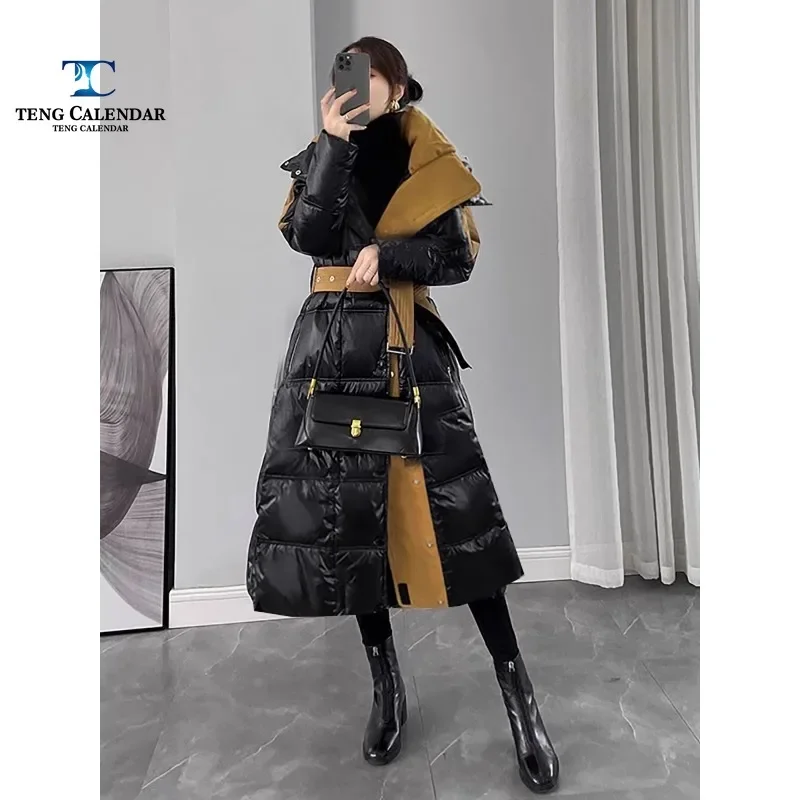 Black Down Jacket, Glossy Long and Knee Contrasting Patchwork, Thick Jacket, High-end Wash Free, New Winter Edition, 2022 Editio