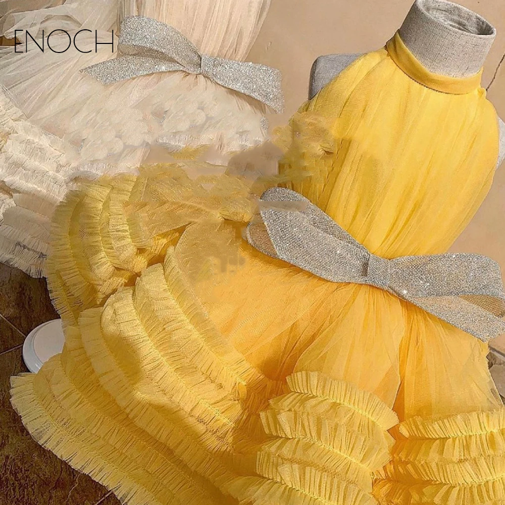 ENOCH Moda Flor Meninas Vestidos Com Arco Verão New Kids Yellow Halter Sem Mangas Comprimento Do Joelho Macio Tulle Vestidos De Casamento Em Camadas