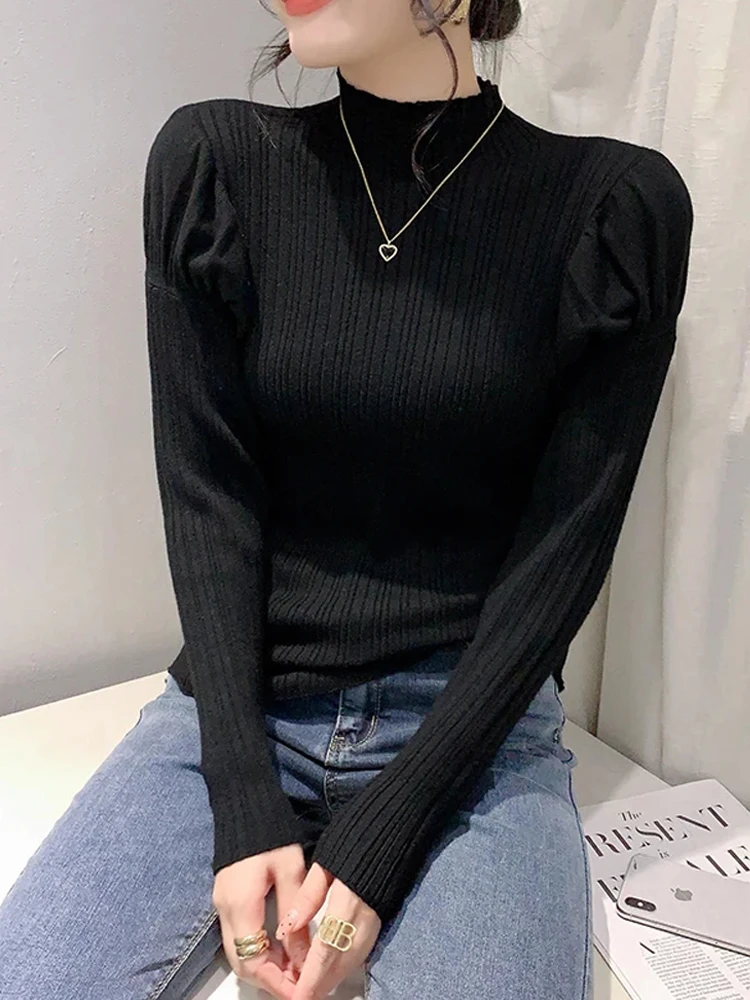 

Winsleter Elegant Basic Sweater Long Puff Sleeve Pullovers Autumn Winter New Women Turtleneck Slim Warm Knit Tops T30860JC