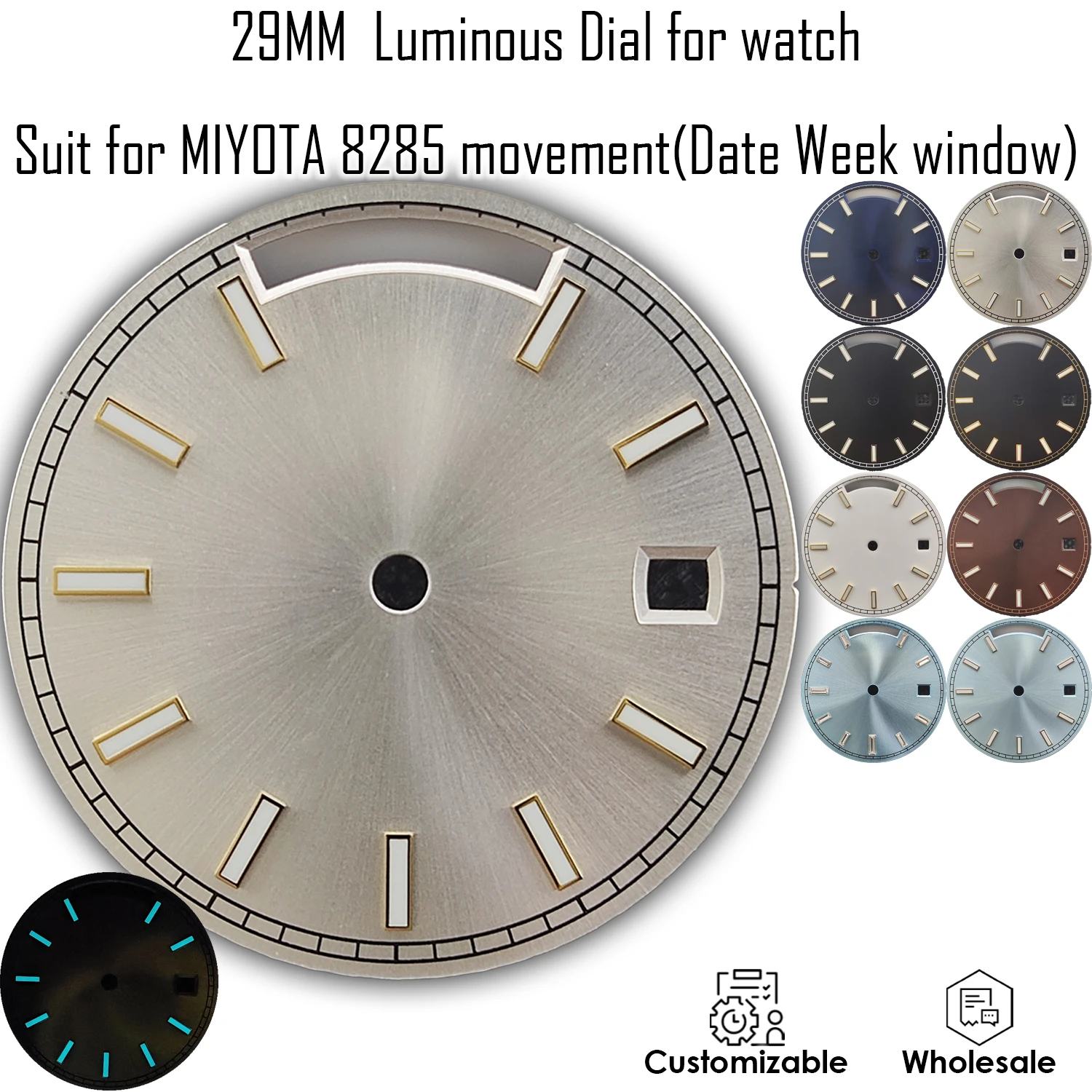 29mm custom dial miyota 8285 blue luminous date and week display customizable logo watch accessory