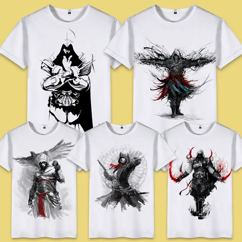 2026 Assassin's Creed ink style illustration pattern short sleeved children's casual cotton summer T-shirt men's clothing ins