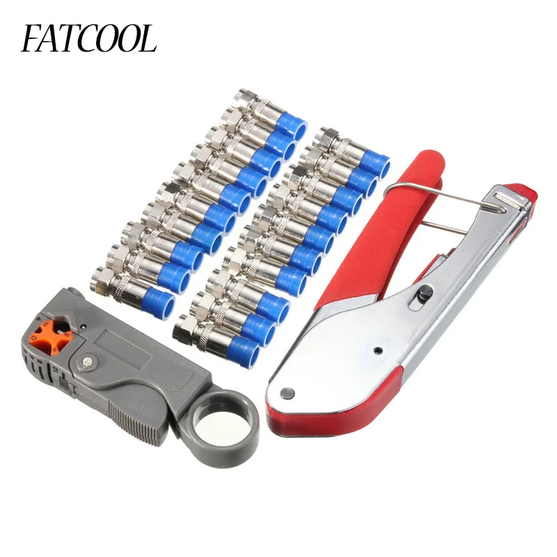 Hot Sell Wire Stripping Squeezing Pliers Coaxial Cable Cold Press Clamp RG59 RG6 Cable TV Crimping Tool Set with 20 F Heads