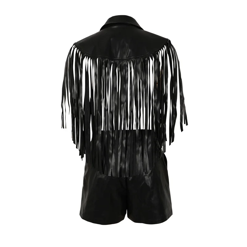 Doyerl Zweiteiliges Set aus PU-Kunstleder für Damen, 2026, Streetwear, Quaste, einreihige Weste, Top und Shorts, neu in passenden Sets – Detail 7