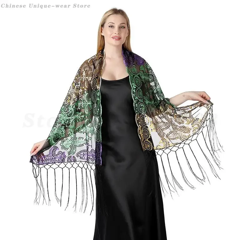 

Colorful Sequined Embroidered Shawl Luxury Fashion Scarf 200*60Cm Poncho Pashmina Lady Elegant Evening Party Shawls Tassels Cape