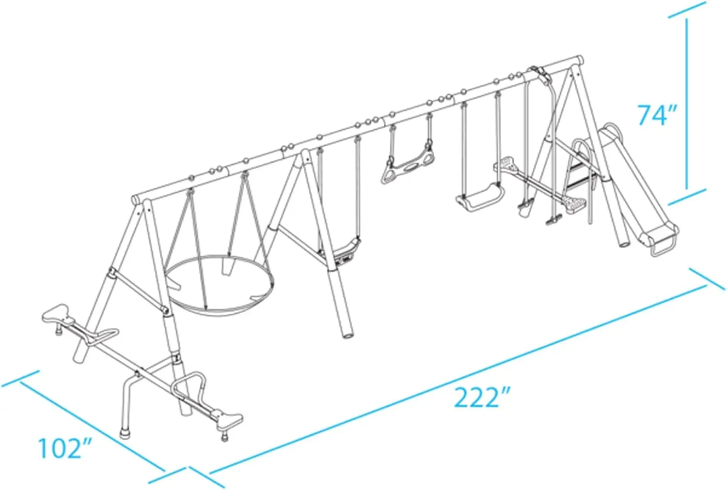 Fun All Mighty Metal A-Frame Kids Swing Set with 10 Child Capacity Outdoor Backyard Home Playground with Slide and 5 Swing Types