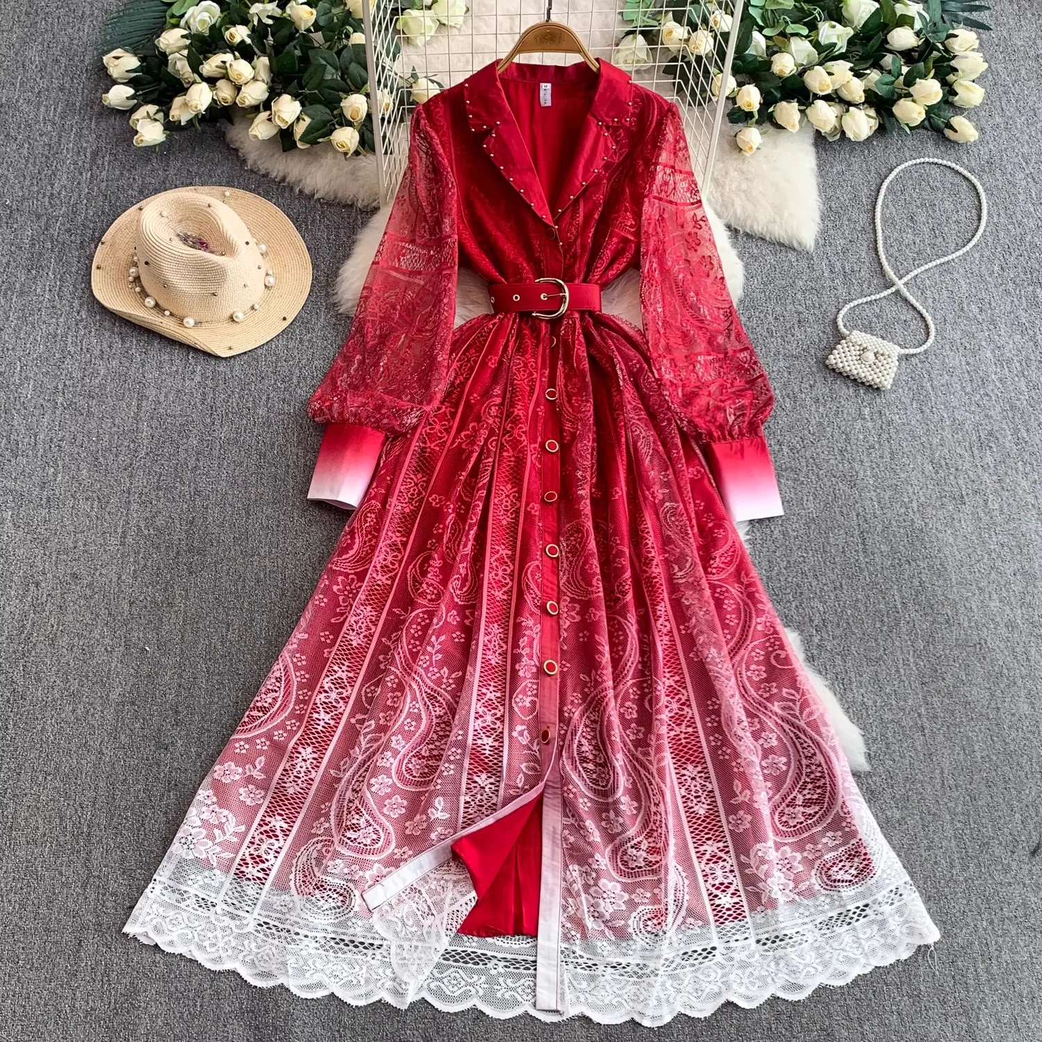 

Autumn French Women's Dress Lace Embroidery V-Neck Beading Long Lantern Sleeves Single Breasted Belt Party Birthday Maxi Robes