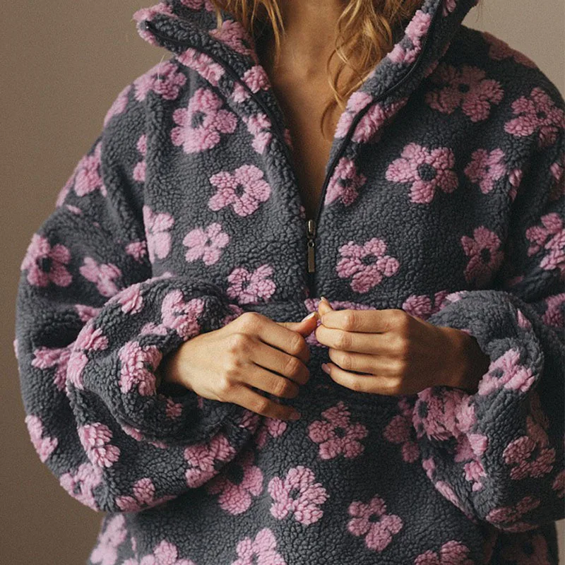 Top caldi da donna con cerniera autunnale per il tempo libero colletto alla coreana pullover stampati floreali nuove felpe da pendolare larghe a maniche lunghe invernali