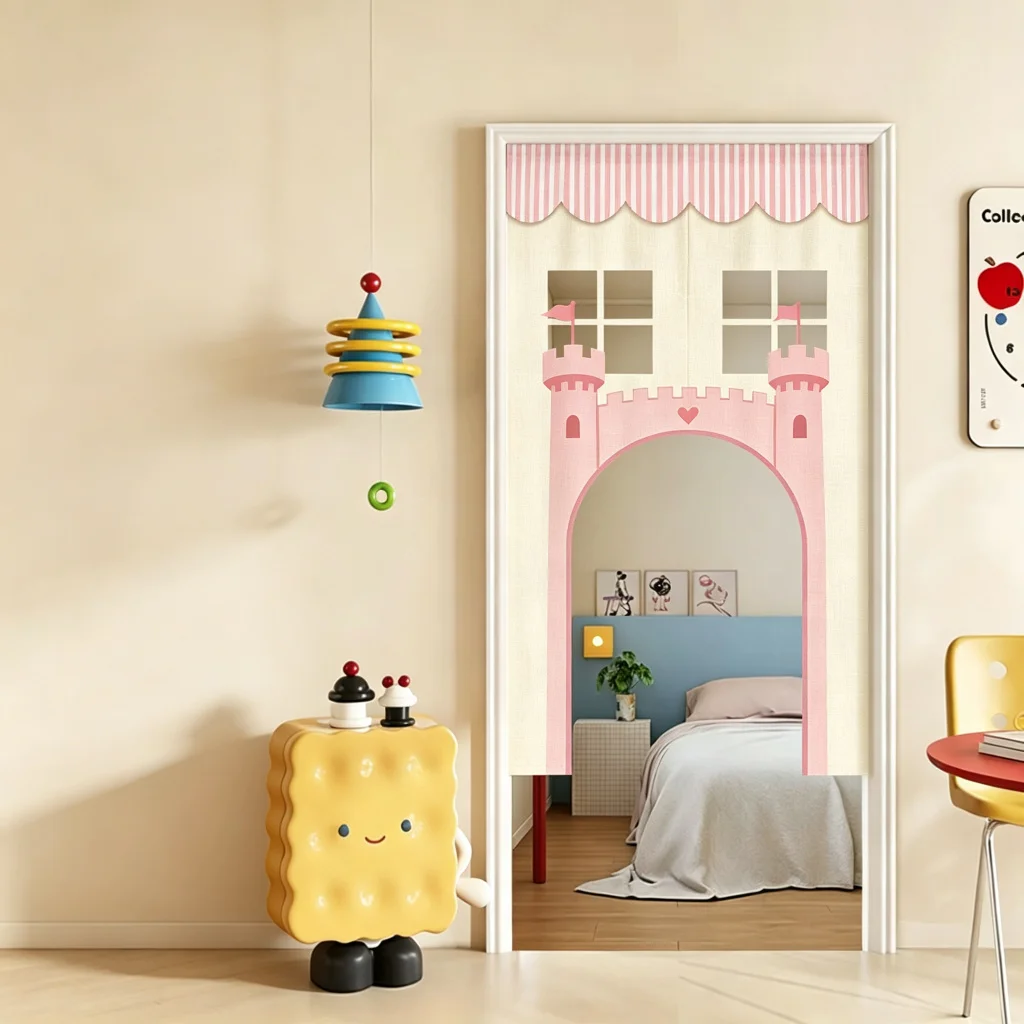 VIKAMA Pink Castle Arched Half Door Curtain Kids Room Bedroom Nursery Cotton Linen Short Curtain Privacy Partition Home Decor