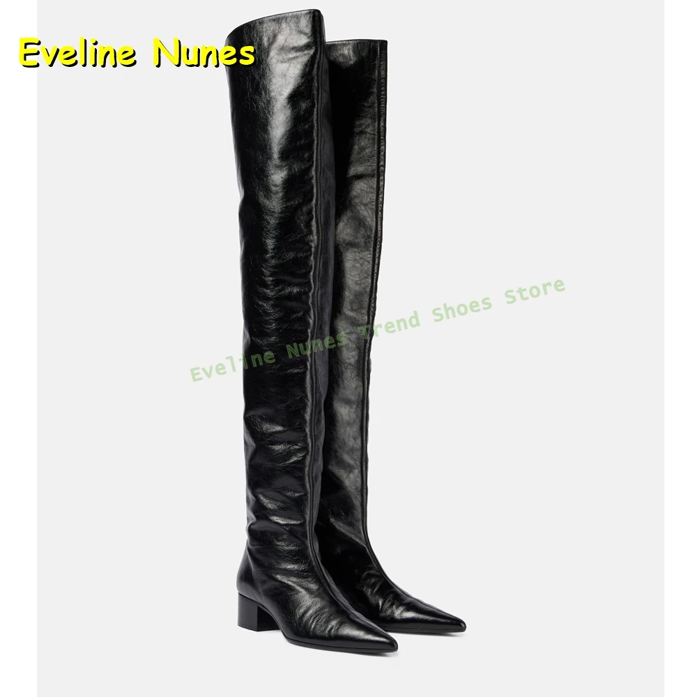 Black Fashion Over The Knee Boots 2025 Autumn Winter New Arrivals Pointed Toe Chunky Heels Pull On Women Runway Show Shoes Trend