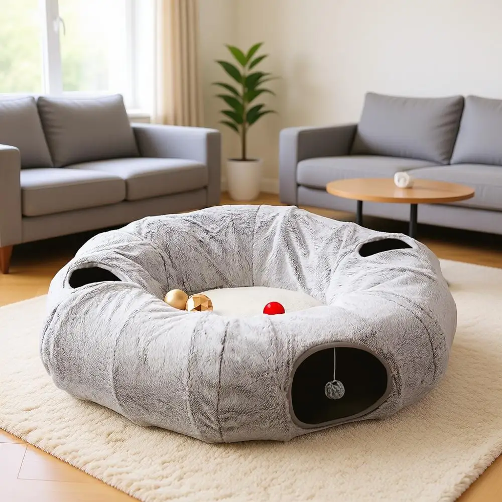 

Cat Tunnel Bed for Indoor Cats - Cute Donut Tunnel with Washable Circle Cushion, Round Pet Play Tunnel Toy for Kitten/Puppy/Rabb