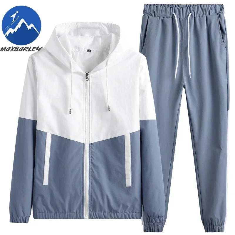 Spring Autumn Men Sportswear Set Casual Jogger Sweatsuit Hooded Jacket + Pants Two Piece Hip Hop Running Training Sports Suit