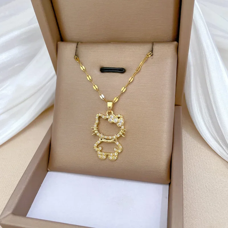 Hello Kitty สร้อยคอเพทายชุบทองเงา สาวน่ารัก เครื่องประดับ จี้คอสาว อุปกรณ์เสริม