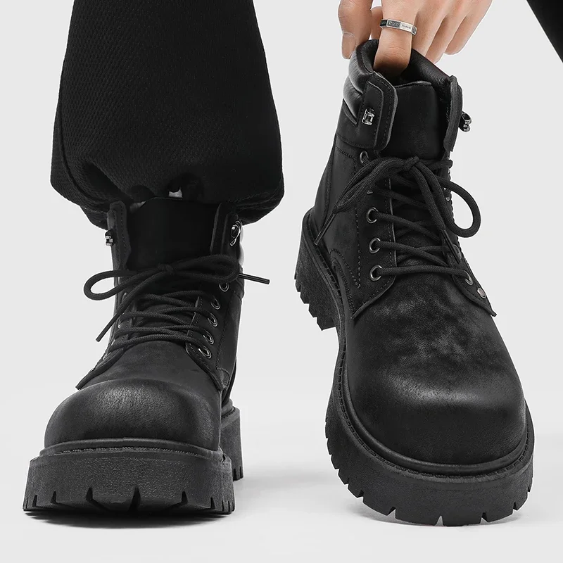 Men's High-Top Thick-Heeled Workwear Casual  Boots Retro Style Autumn Winter Fashionable Shoes Comfortable Round Toe