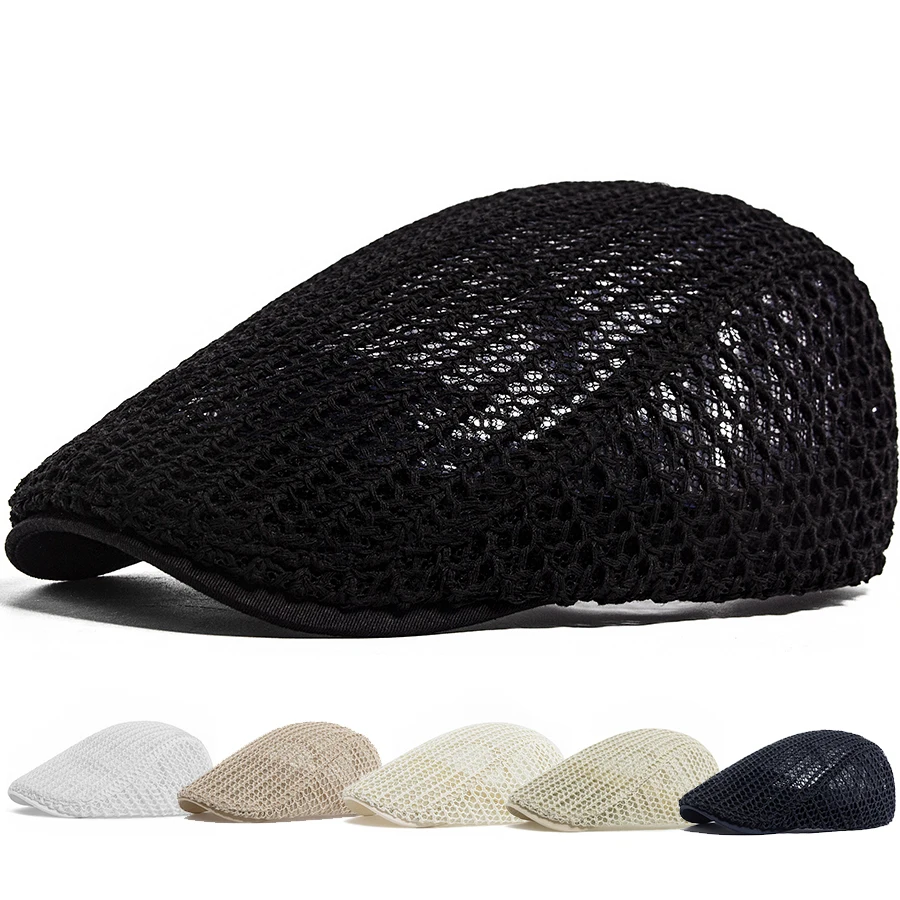 Sombrero fino de ganchillo de verano para mujer, boina de malla a la moda, gorra informal para hombre, gorra tejida con visera para el sol, sombrero plano para mujer para 56-60cm ajustable