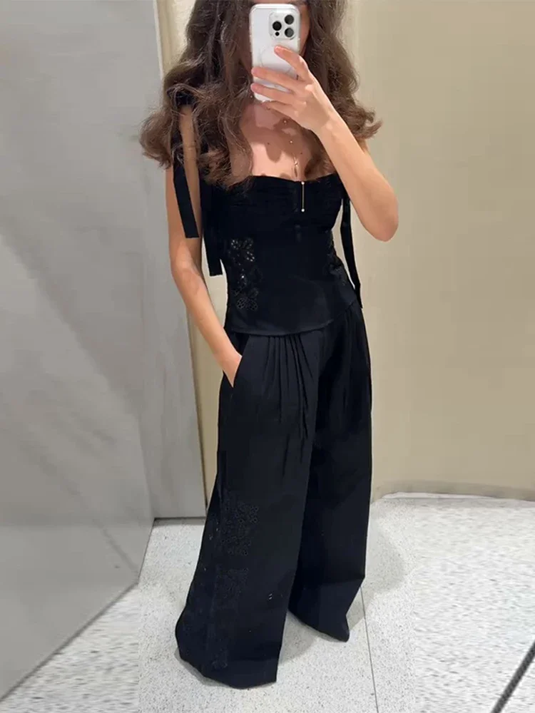 

Полые женские брюки с вышивкой, костюм с круглым вырезом на шнуровке, без рукавов, топ на бретелях с эластичной резинкой на талии, широкие брюки, женский комплект, летний женский наряд