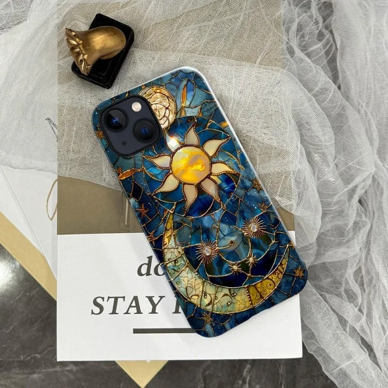 Moon Stars Celestial Glass phone Case for iPhone 17 Pro Air Plus 16 15 14 Lustrous 2-Layer Durable Hard shell Cases for Girl boy