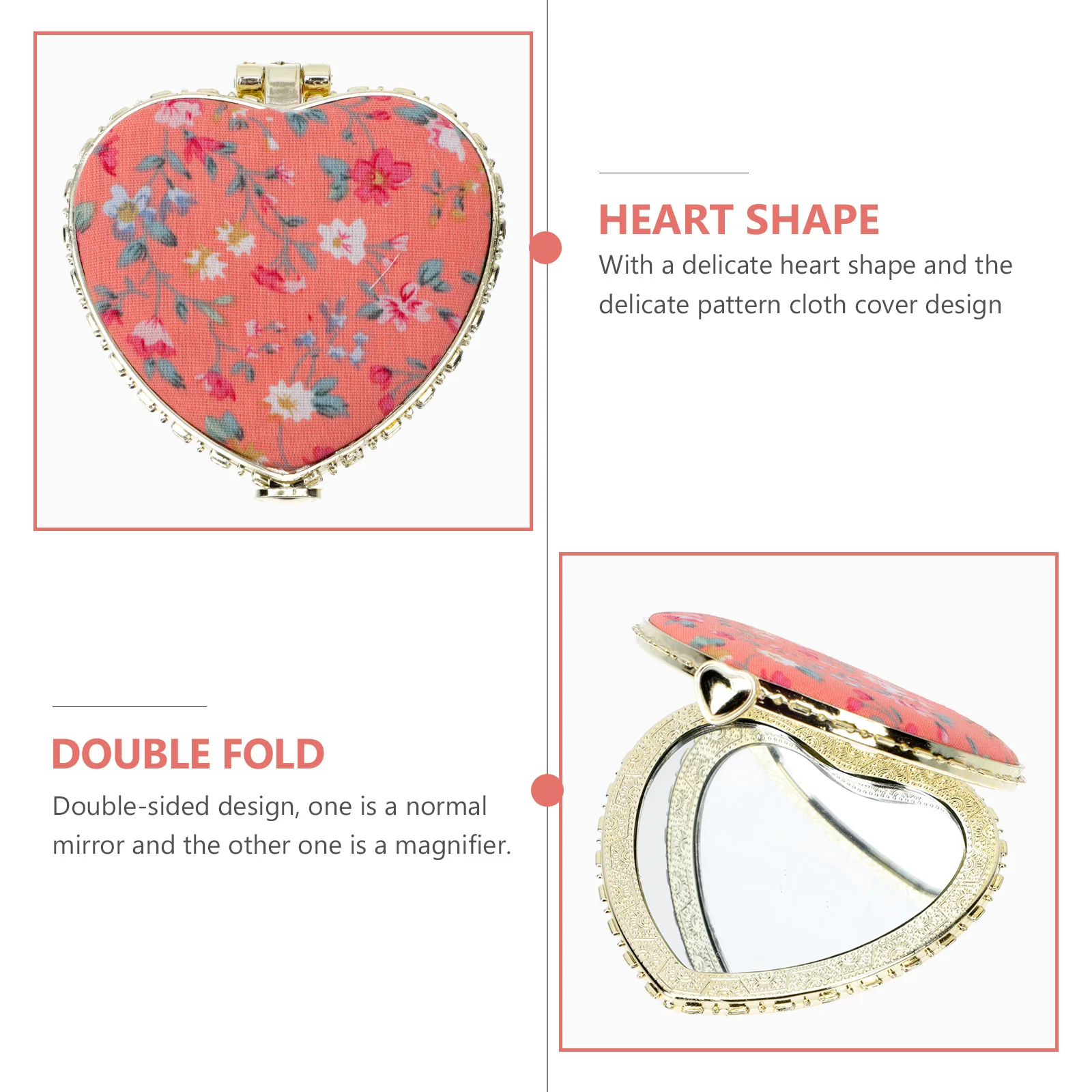 2Pcs 하트 모양의 소형 거울 접이식 휴대용 미니 메이크업 거울 야외 사용을위한 양면 반사 표면
