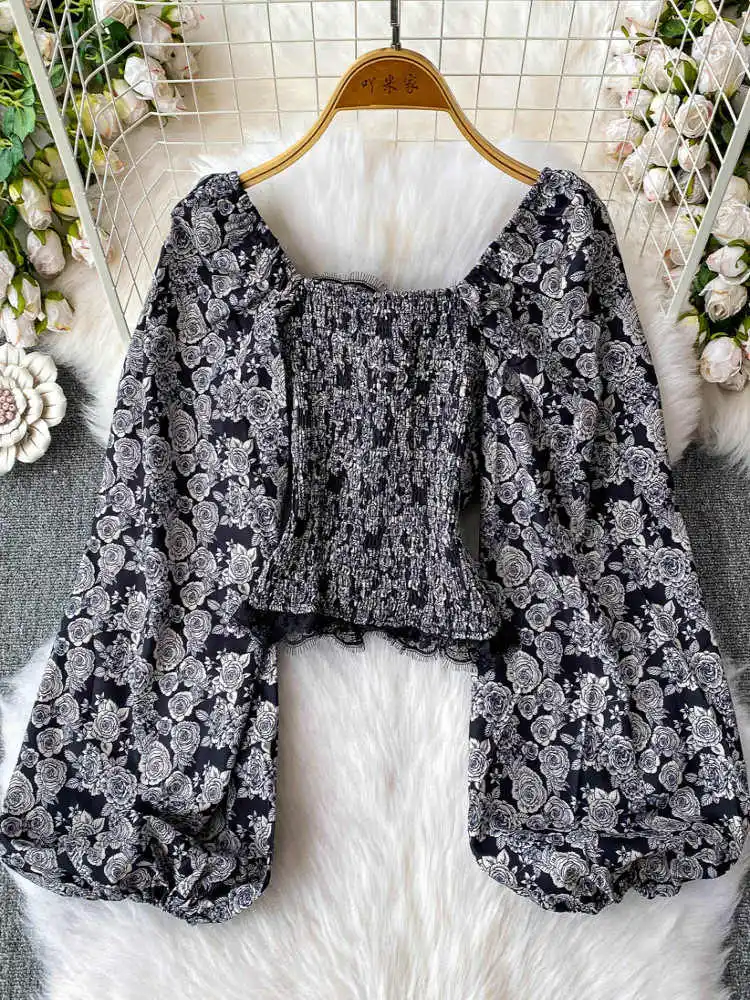 Women's Flower Print Bow Shirts Blouses Y2k 90s Vintage Korean 2000s Square Collar Long Sleeve Cropped Shirt Clothes Summer 2025