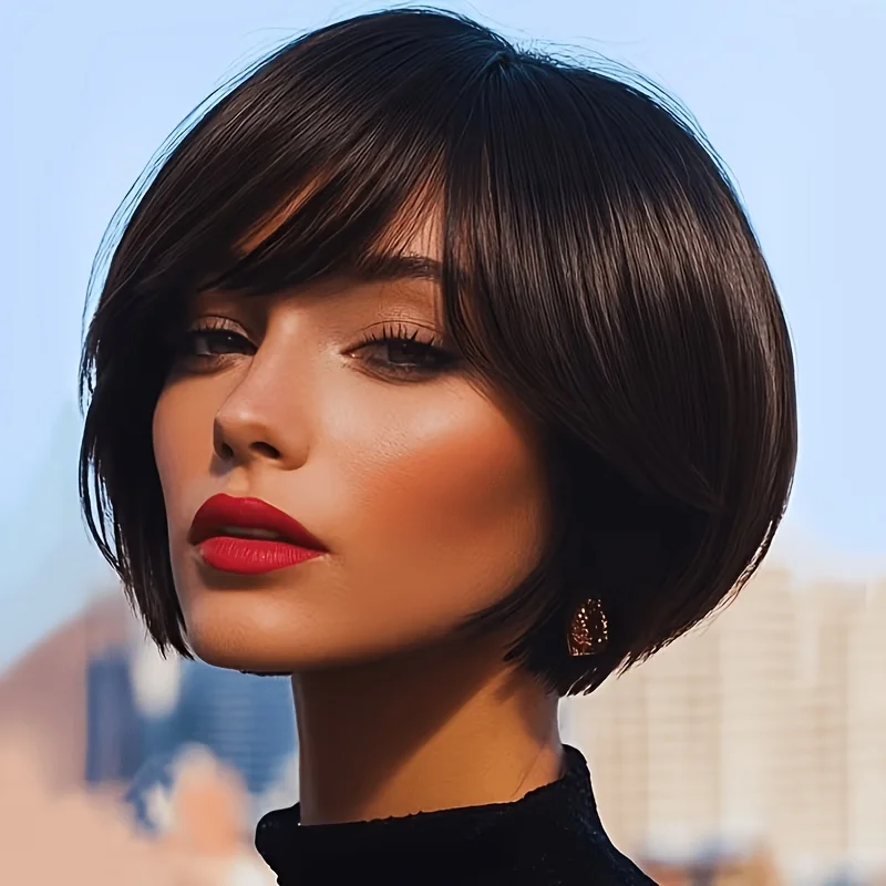 Short Straight Pixie Cut Wig Black Human Hair 150% Density With Side Part Bangs Full Machine Made Wig