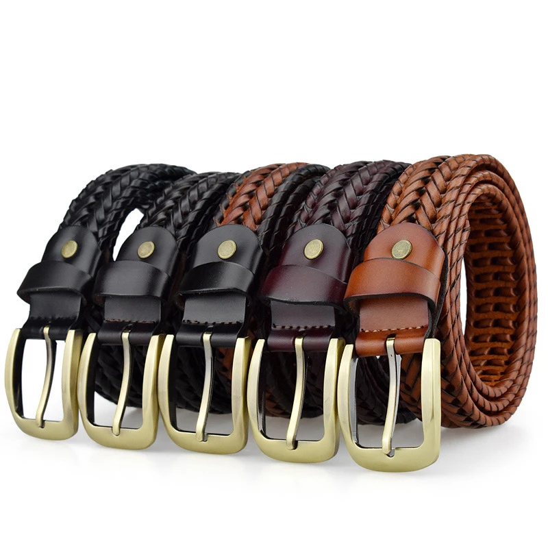 Men's Braided PU Leather Belt Hand Woven Strap Vintage Brass Pin Buckle No Hole Design Suitable for Jeans and Casual Pants