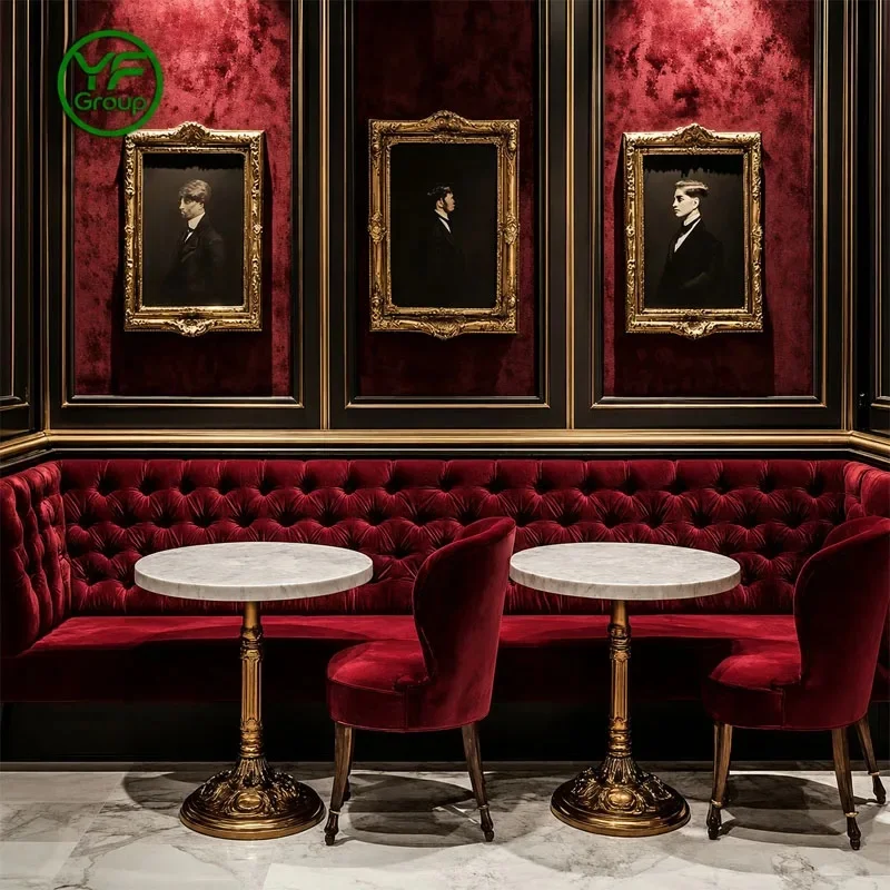 Factory Direct Sales Red Velvet Restaurant Furniture Metal Frame Marble Top Tables and Chairs Booth Seating for Hotel