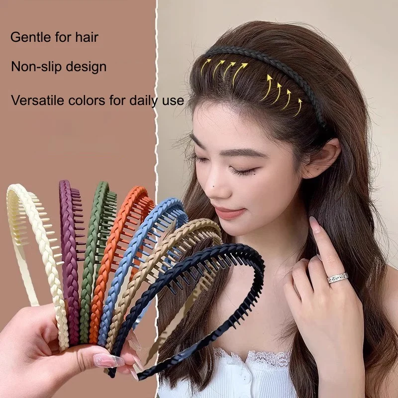 2Pcs Toothed Plastic Headbands For Women Girls Thin Braided Hairbands Matte Color Non-slip Hair Hoops for Make-up Sports Daily