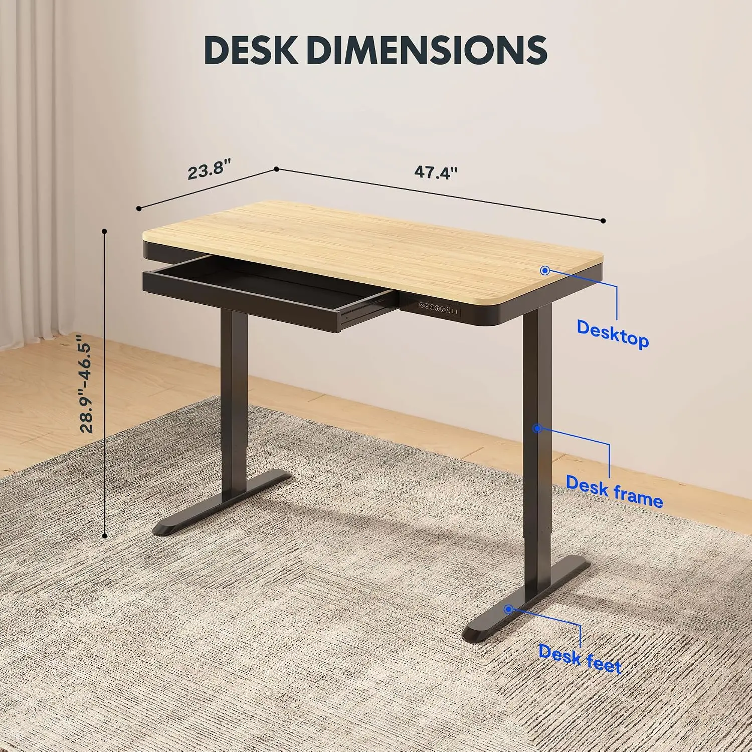 Electric Standing Desk with Drawers & USB Ports, Quick Assembly, Height Adjustable with Child Lock for Home Office,  Customized