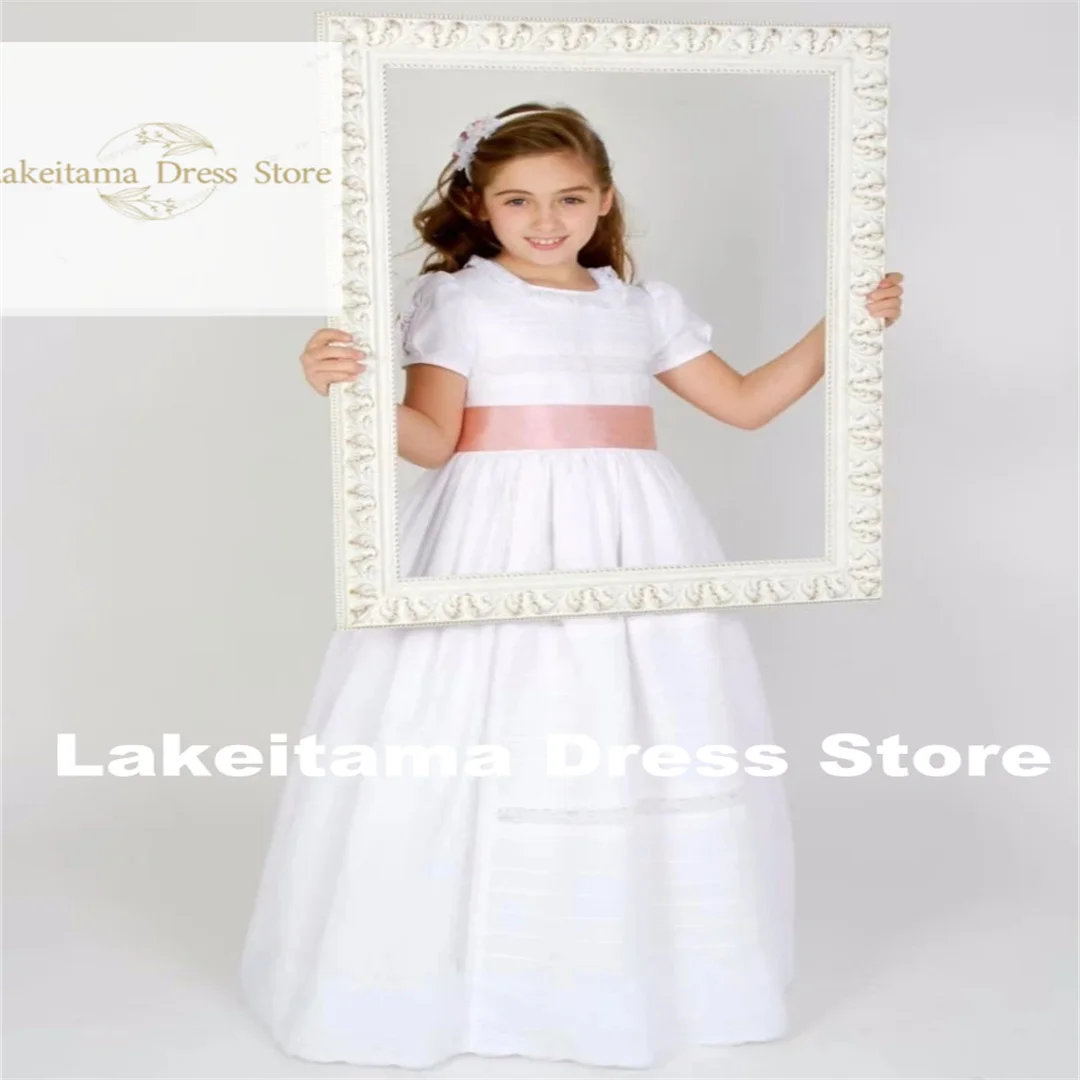 Customization Flower Girl Dresses White Satin Lace With Pink Bow Short Sleeve For Wedding Birthday Party Banquet Princess Gowns