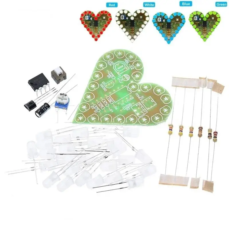 (BF06)Electronic Kit Heart Shape Led Breathing Light Electronic Kit Multiple Colors Electronic Components Welding Practice Board